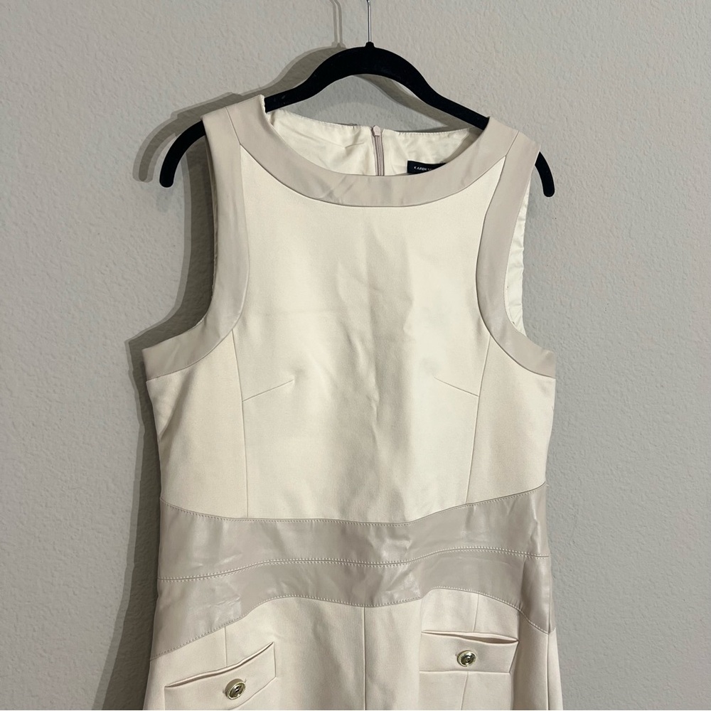 NWT Karen Millen Ponte Faux leather A line flippy mini dress 12 Tall beige - Picture 7 of 13
